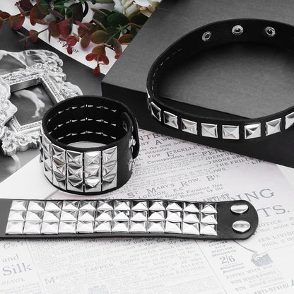 3 Pcs Leather Studded Bracelet Punk Choker Set Rock Jewelry Emo Costume Accessories for 80S Vintage Women
