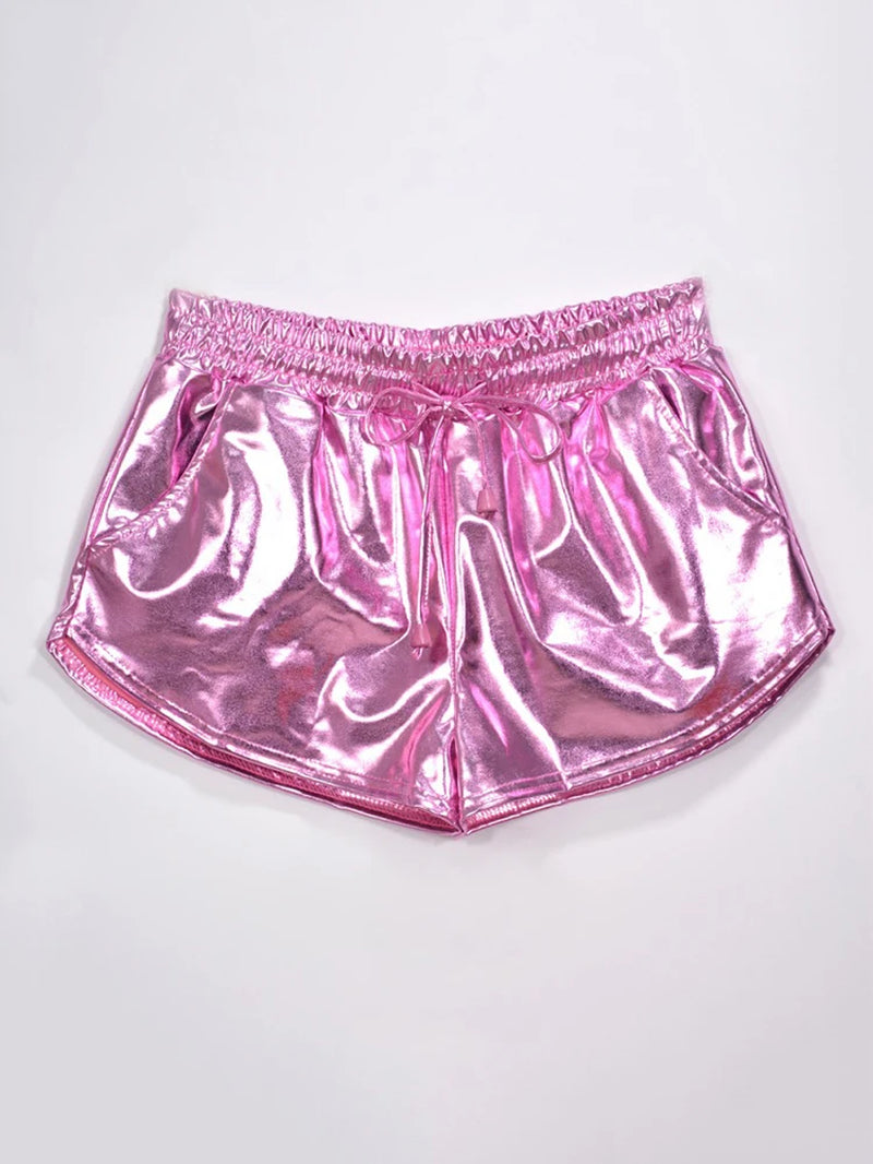 Summer Festival Ready: Women's Holographic Metallic Elastic Drawstring Shorts for Effortless Style