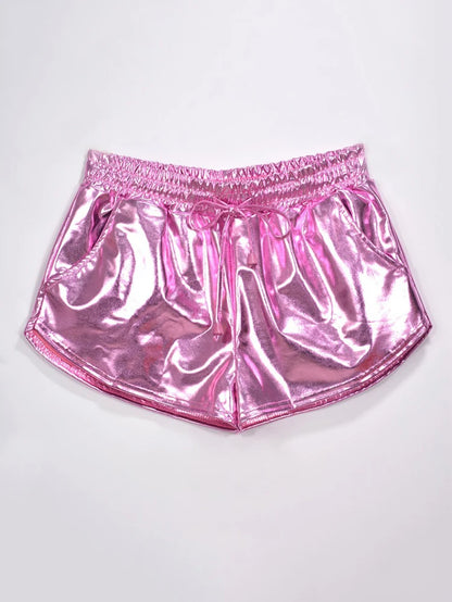 Summer Festival Ready: Women's Holographic Metallic Elastic Drawstring Shorts for Effortless Style