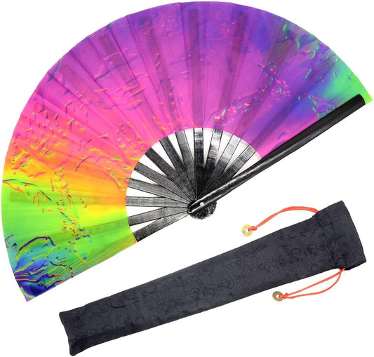 Iridescent Bamboo Large Rave Folding Hand Fan - Perfect for EDM Festivals, Parties, Performances & Gifts - Includes Stylish Fabric Case