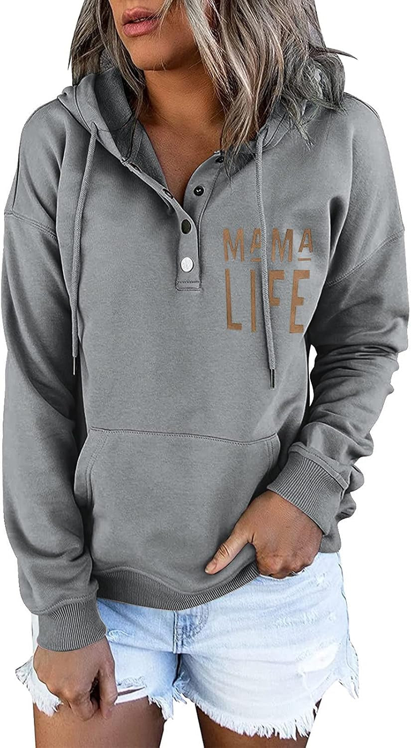 Light gray women's hooded sweatshirt with letter print, featuring a front pocket and casual fall style from PressureDen.store
