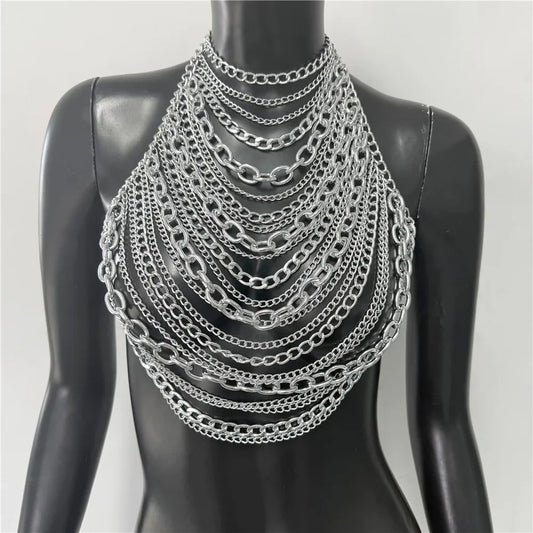 Dare to Shine: Summer Backless Deep V Chain Halter Crop Top for Rave & Nightclub Fun