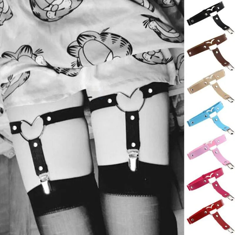 Punk Goth PU Leather Elastic Garter Belt Leg Thigh Ring Suspender Stockings Belt Leg Chain Harness Heart Body Jewelry