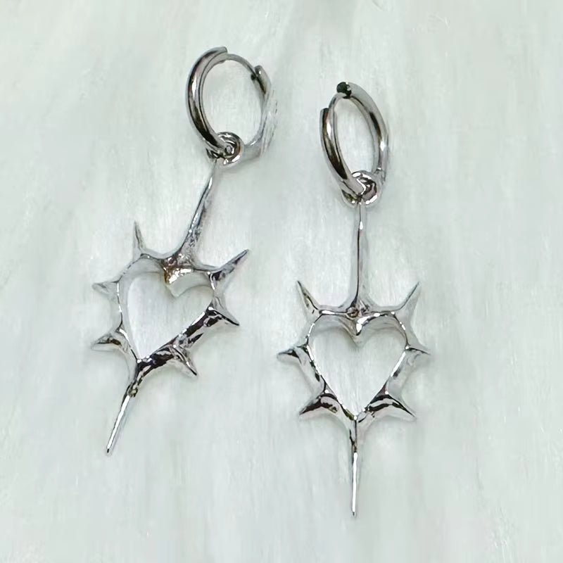 Gothic Thorn Heart Cross Earrings with punk grunge style, featuring black metal design and intricate detailing for women.