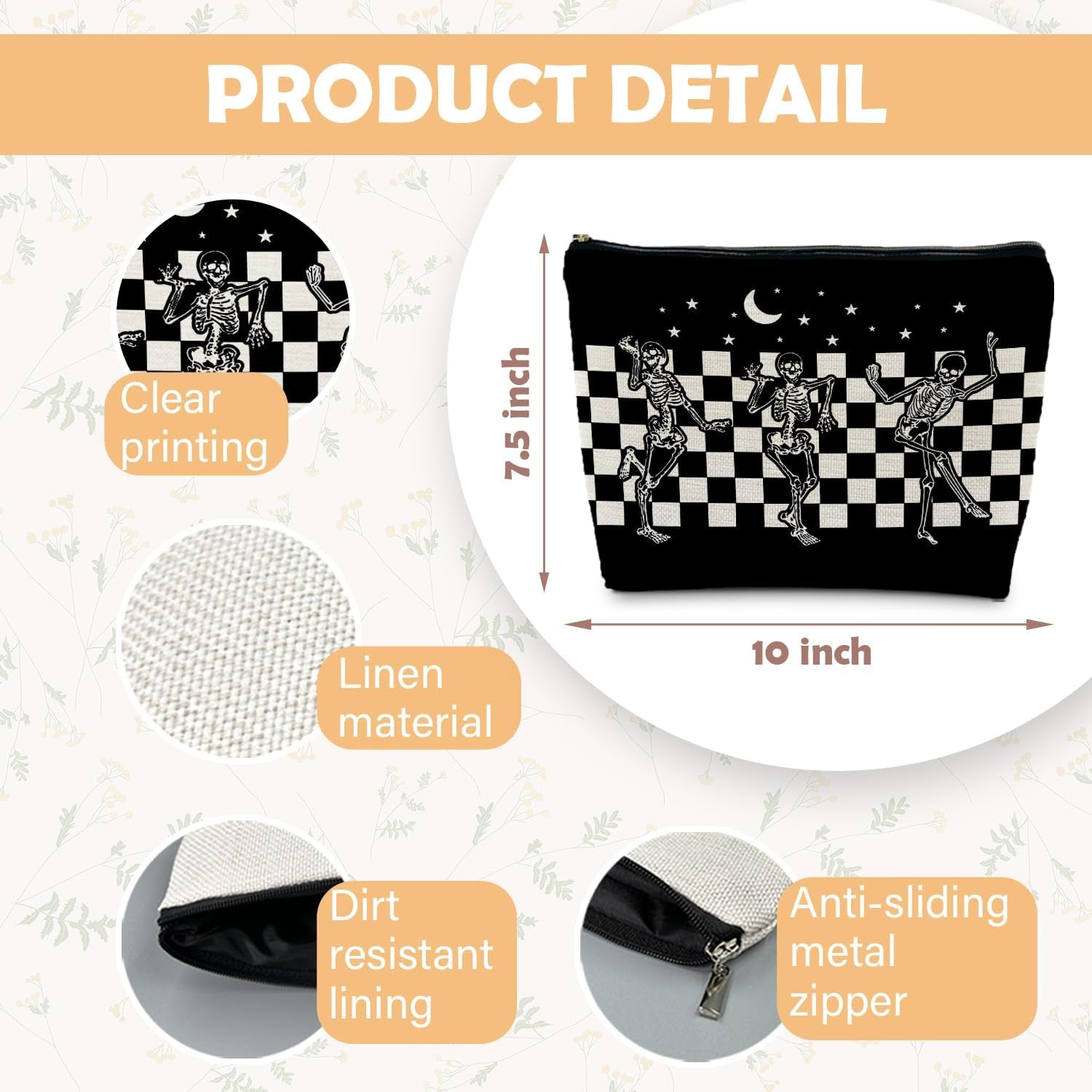 Goth Spooky Gifts for Women, Gothic Horror Skeleton Black Makeup Bag Cosmetic Pouch