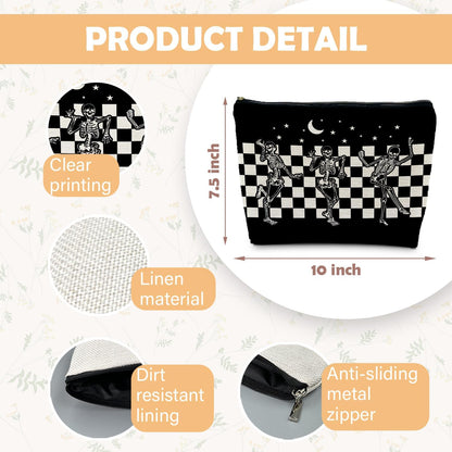 Goth Spooky Gifts for Women, Gothic Horror Skeleton Black Makeup Bag Cosmetic Pouch