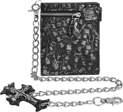 Unisex Gothic punk skull chain wallet by Girinme featuring silver skull detail, faux leather bifold design, suitable for Halloween or daily use