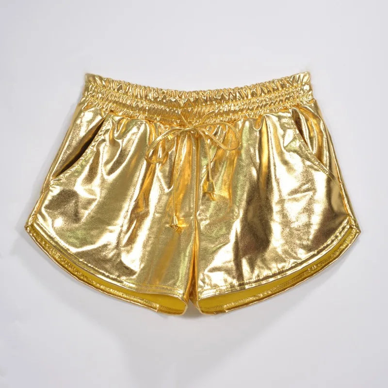 Summer Festival Ready: Women's Holographic Metallic Elastic Drawstring Shorts for Effortless Style