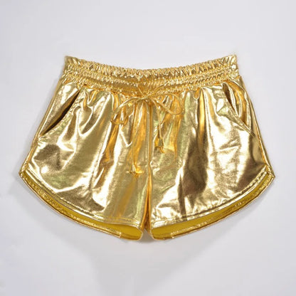 Summer Festival Ready: Women's Holographic Metallic Elastic Drawstring Shorts for Effortless Style