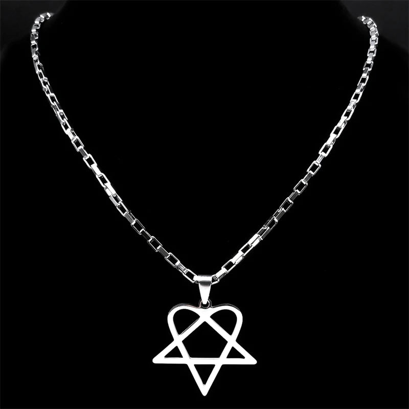 Stainless steel hip hop star necklace with heartagram pendant, goth punk chain jewelry for men and women.