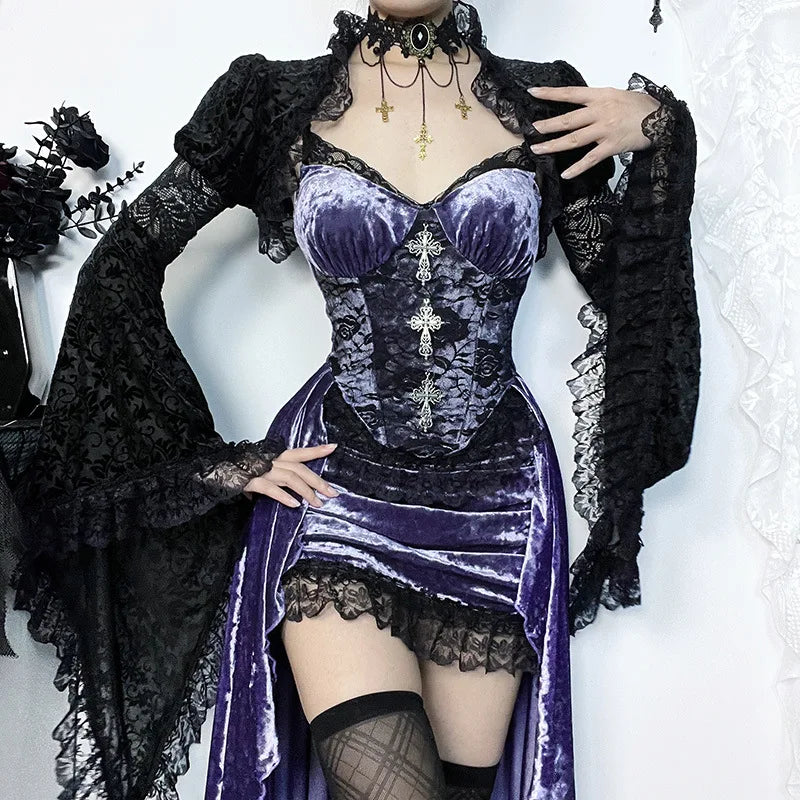 Elegant Victorian Gothic velvet A-line dress with lace hem details, perfect for evening or Lolita partywear.