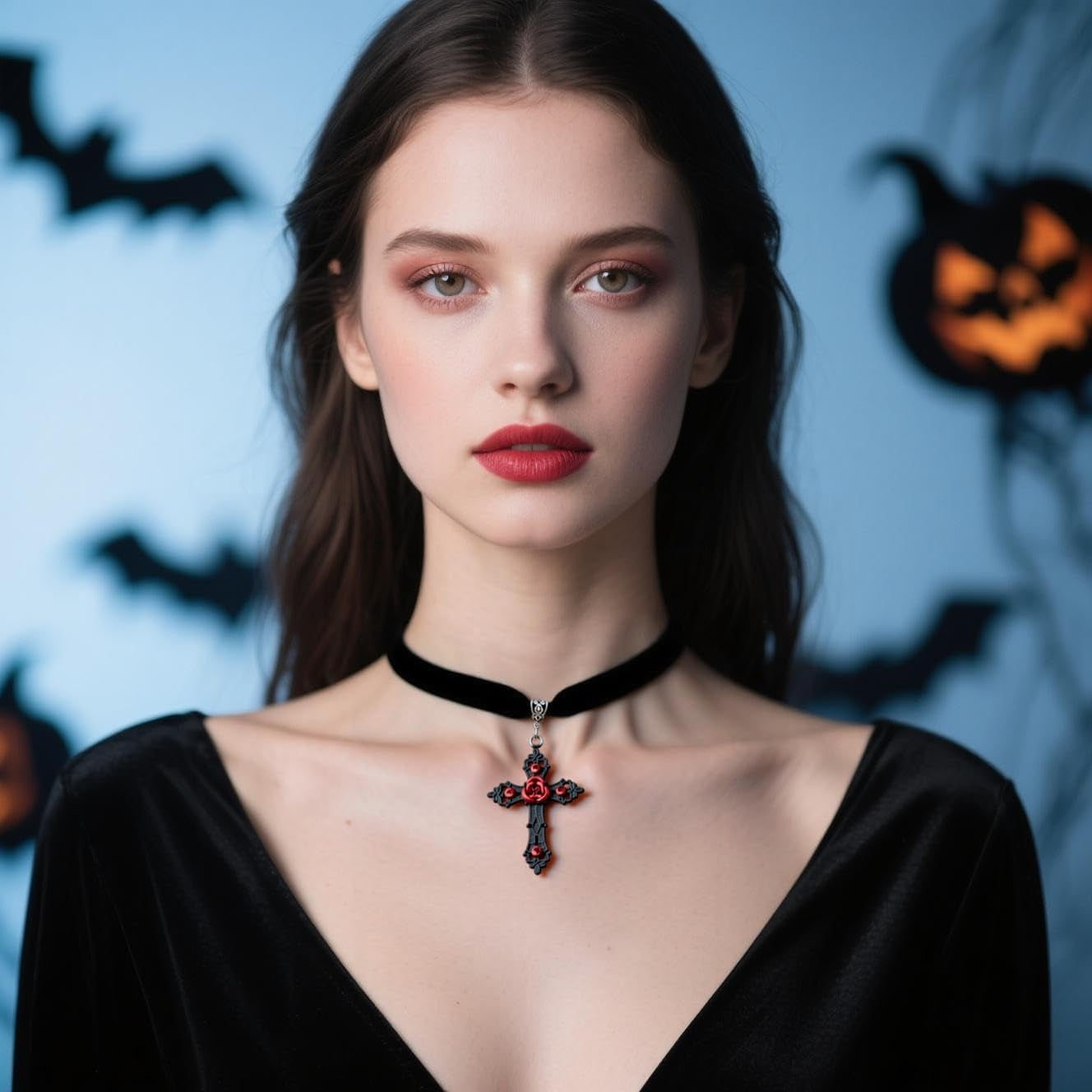 Gothic Cross Choker Necklace for Women Goth Emo Grunge Jewelry Accessories Y2K Red Black Halloween Christmas Gift