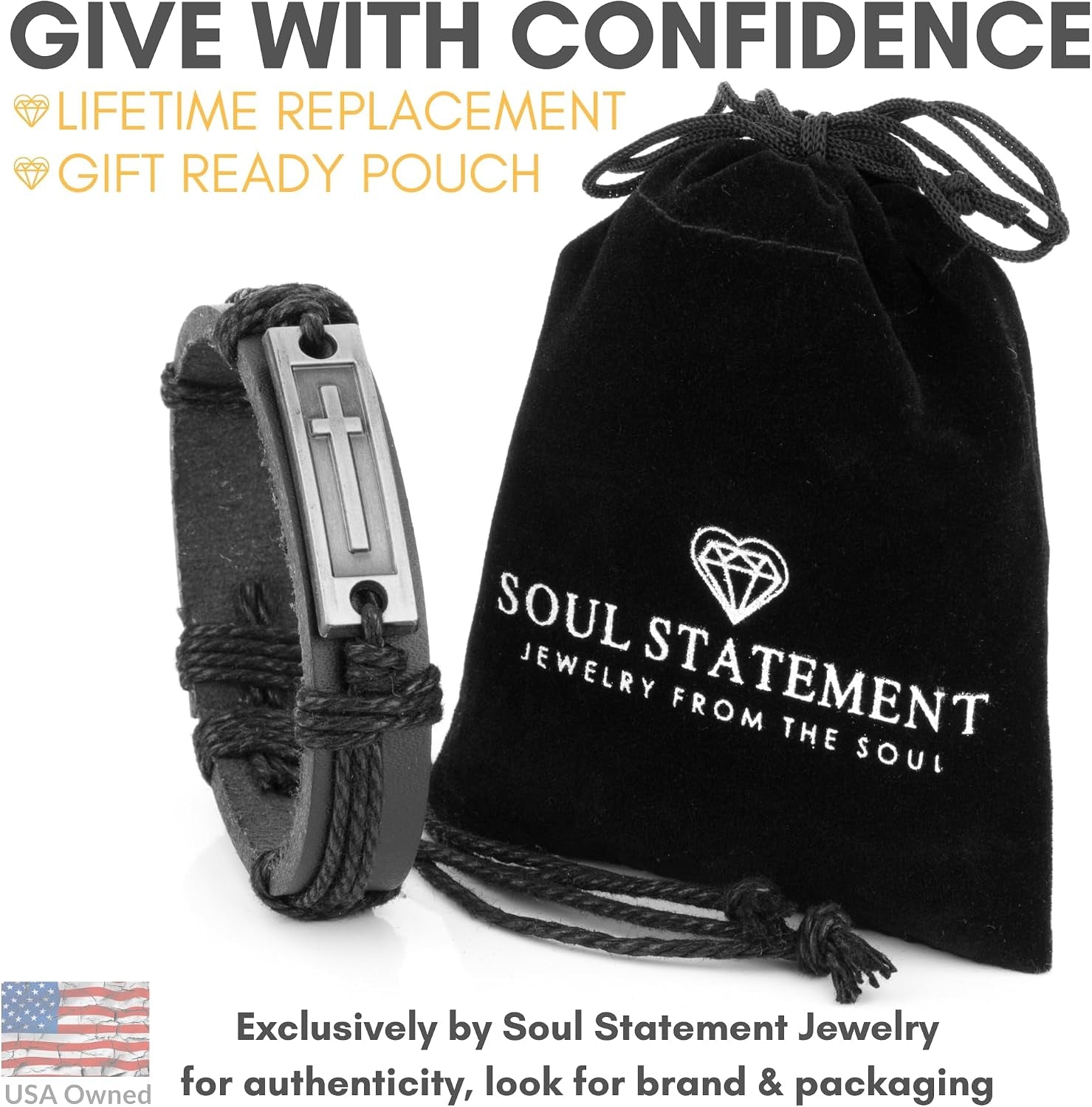 Stylish men's leather cross bracelet by Soul Statement, adjustable Christian faith wristband for teens and men.