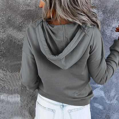 Women’s hooded sweatshirt with pocket and letter print, stylish fall pullover by PressureDen.store, casual and comfortable clothing