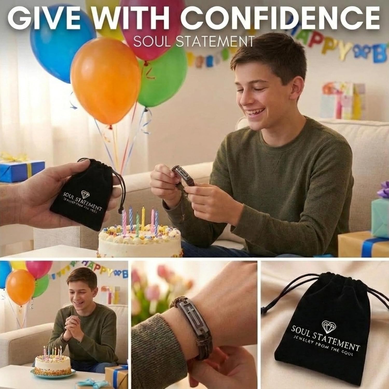 Stylish men's leather cross bracelet from Soul Statement with adjustable Christian faith design on a wrist.