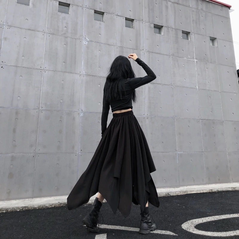 Dark black high waist vintage skirt with irregular hem, goth punk style, perfect for edgy Harajuku fashion looks
