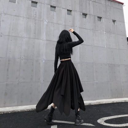Dark black high waist vintage skirt with irregular hem, goth punk style, perfect for edgy Harajuku fashion looks