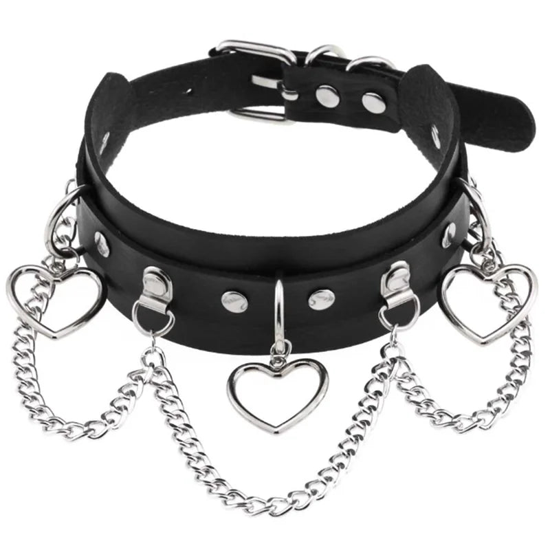 Black PU leather choker with heart rivets, Y2K goth punk necklace for trendy girls, stylish Harajuku-inspired accessory.