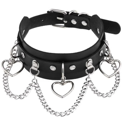 Black PU leather choker with heart rivets, Y2K goth punk necklace for trendy girls, stylish Harajuku-inspired accessory.