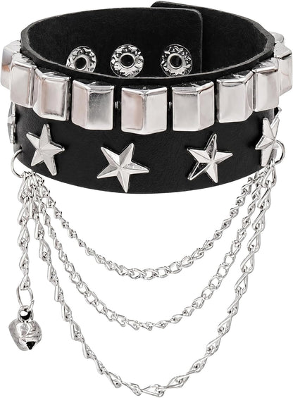 Unisex punk studded bracelet by Aukemuna featuring layered chains, star details, and adjustable black PU leather for emo rock style.