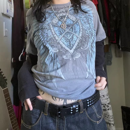Women’s Y2K cyber grunge long sleeve T-shirt with patchwork design, inspired by retro Harajuku and gothic e-girl fashion.
