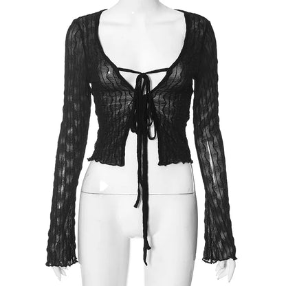 Black gothic lace-up long sleeve blouse with transparent fabric, featuring Y2K grunge and fairycore style for women.