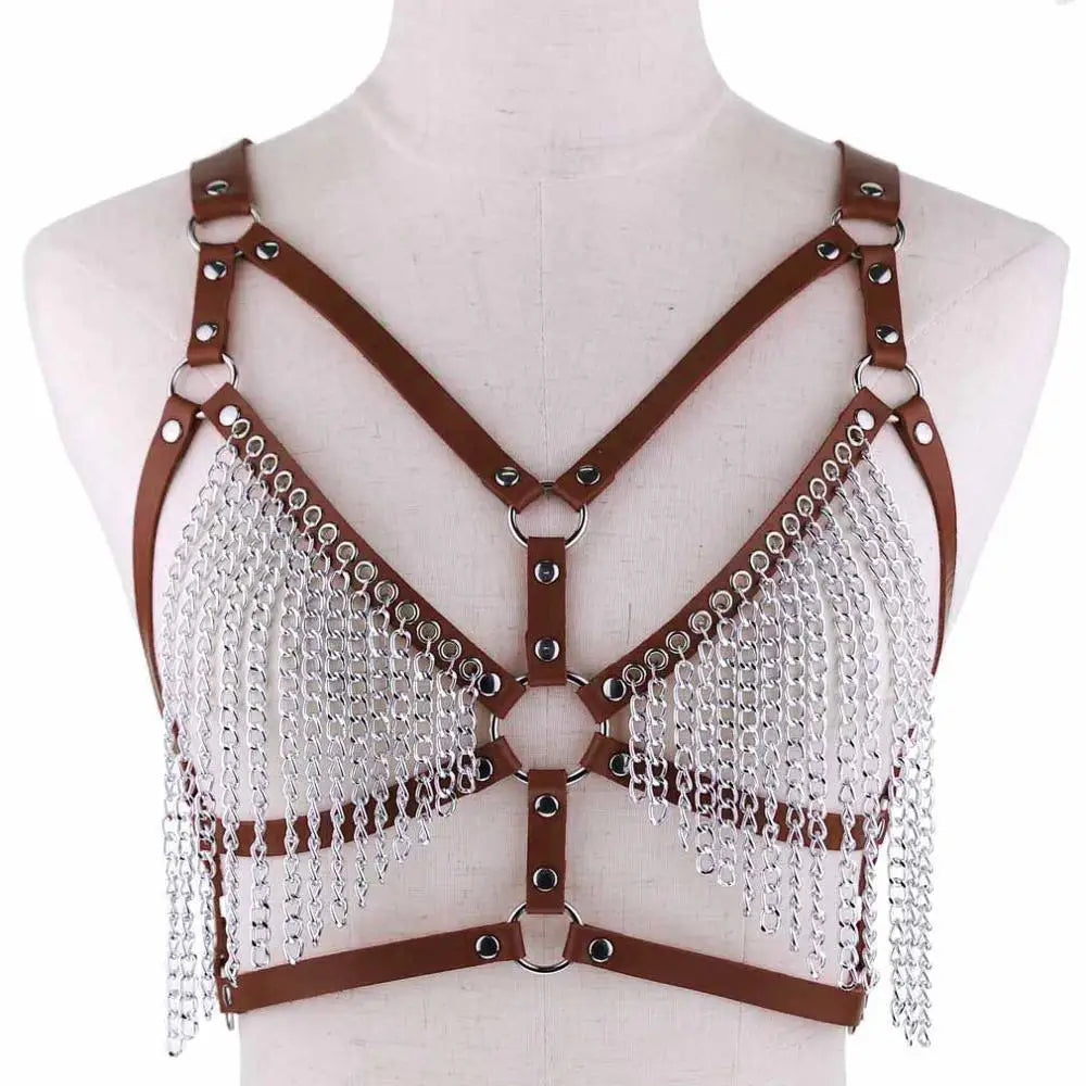Leather Chain Harness Body Chain Bra Goth Punk Sexy Chain Top Women Body Jewelry Summer Festival Fashion Rave Outfit