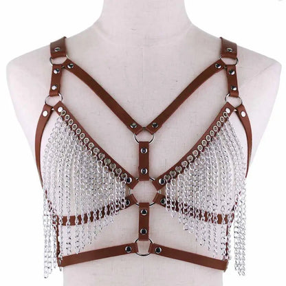Leather Chain Harness Body Chain Bra Goth Punk Sexy Chain Top Women Body Jewelry Summer Festival Fashion Rave Outfit