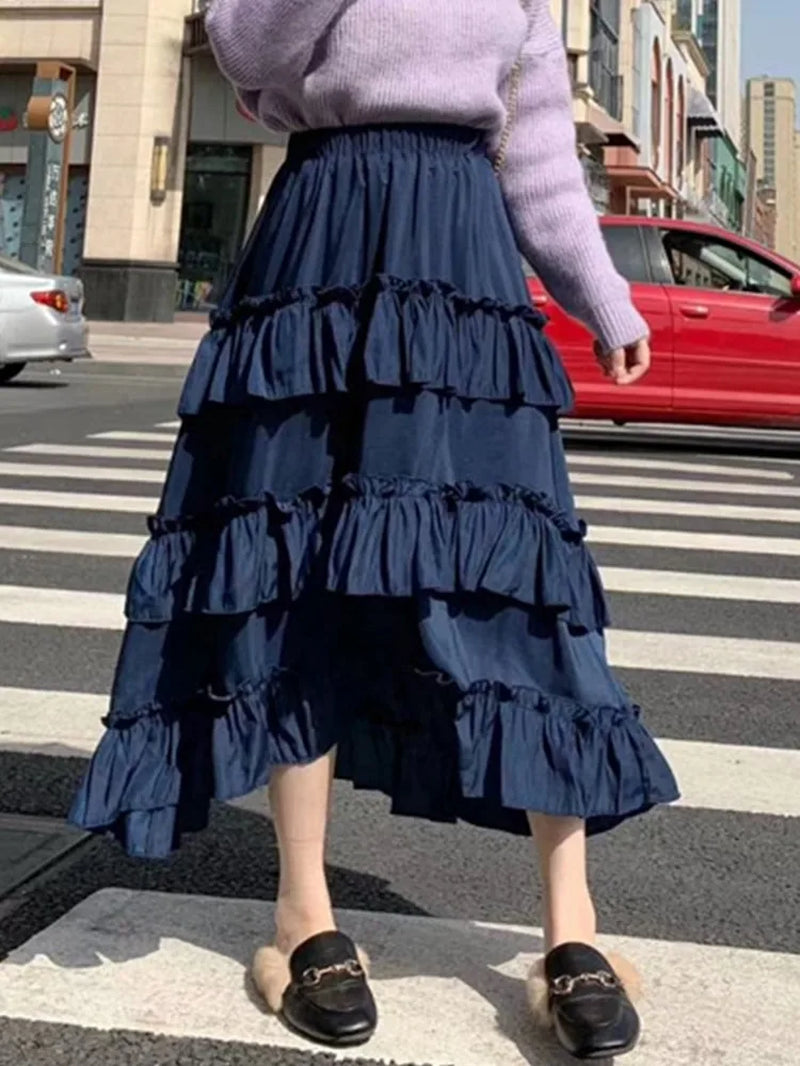 Gothic Lolita high waisted asymmetrical midi skirt with ruffles, perfect for summer fashion, featuring a long, flowing design for women.