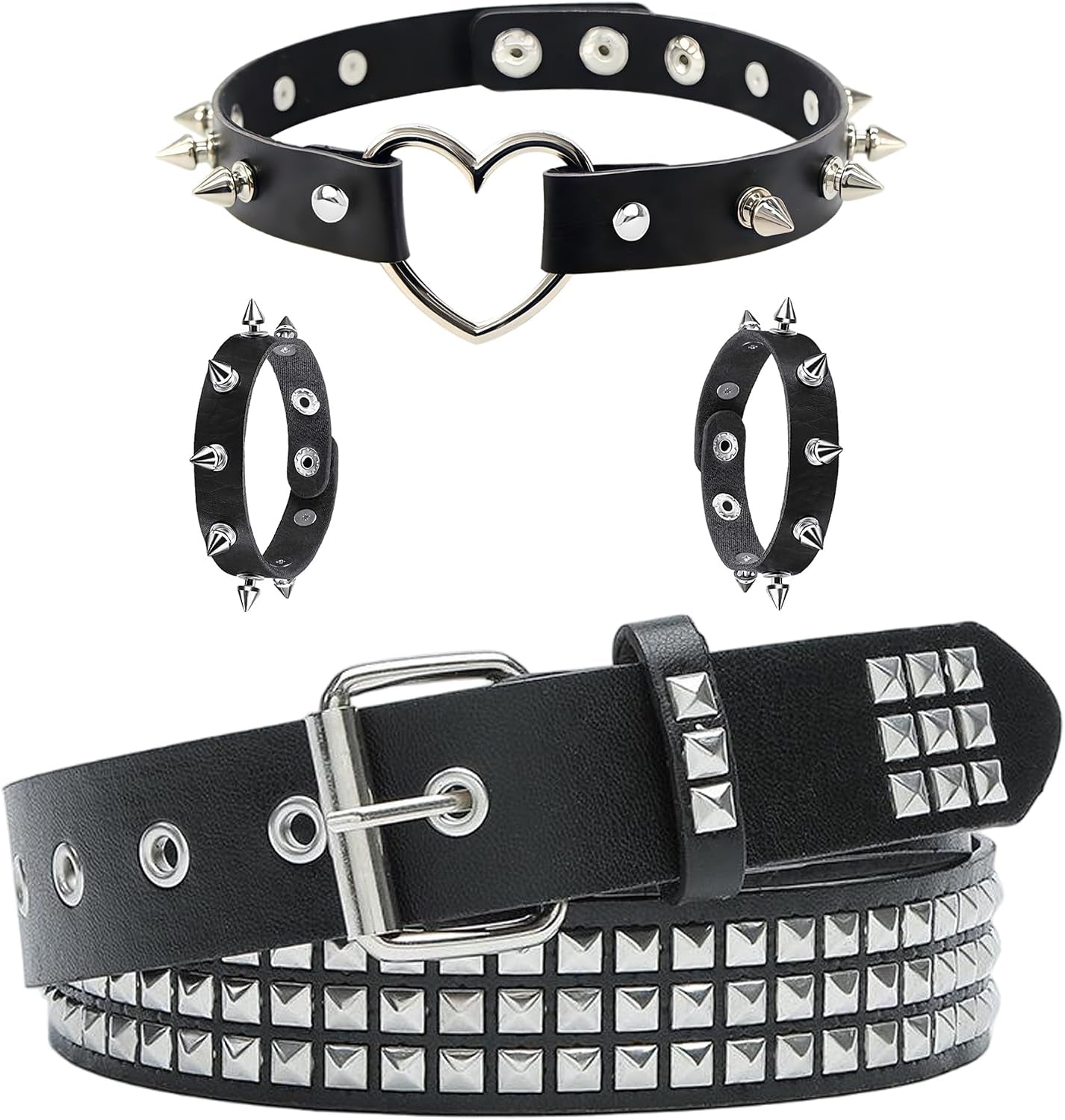 YMO edgy black studded belt with spiked accessories set featuring punk style details and metal embellishments.