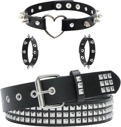 YMO edgy black studded belt with spiked accessories set featuring punk style details and metal embellishments.