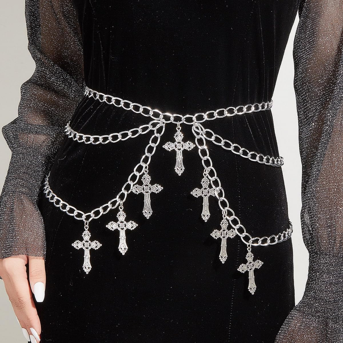 ANGLEQUEEN edgy gothic cross waist chain for women, trendy punk hip hop belly accessory with grunge and Halloween style.