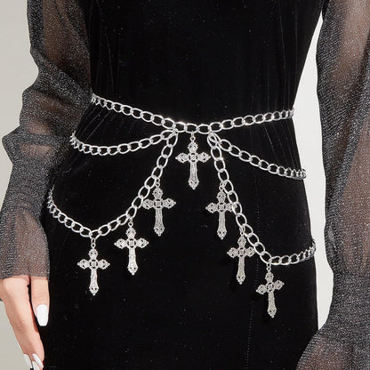 ANGLEQUEEN edgy gothic cross waist chain for women, trendy punk hip hop belly accessory with grunge and Halloween style.