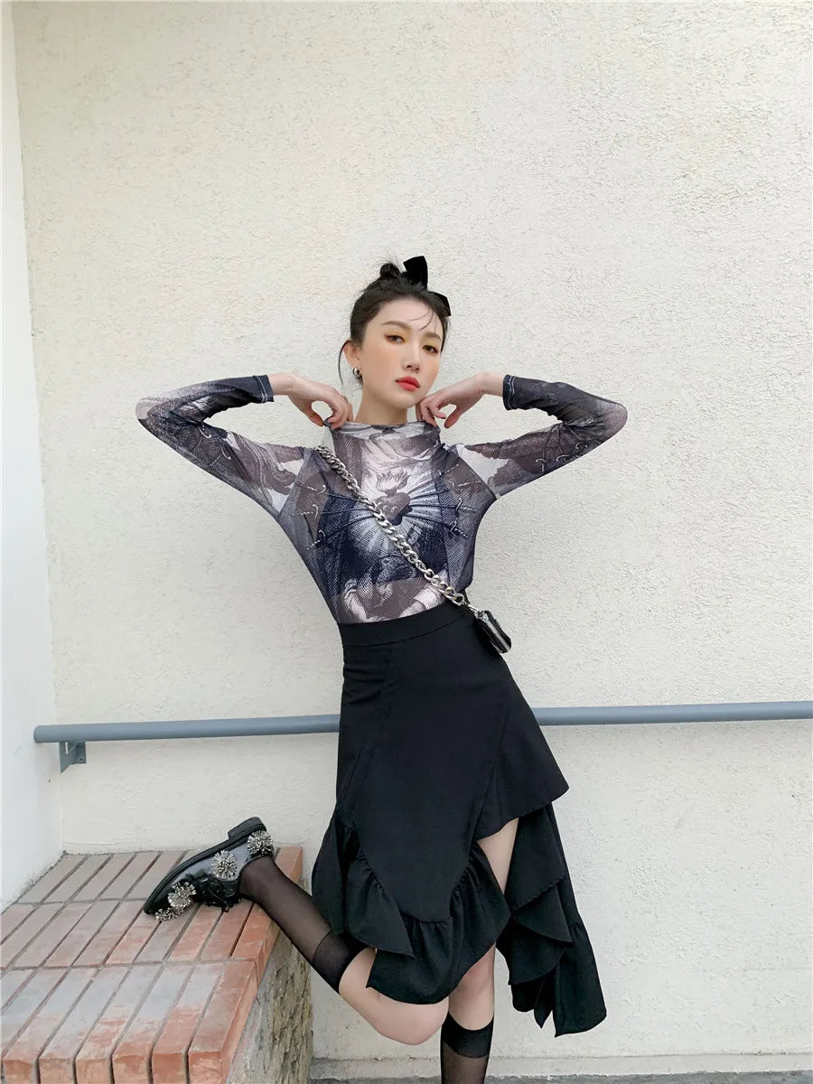 Gothic mesh long sleeve turtleneck top for women with see-through graphic design, stylish and trendy fashion by PressureDen.store