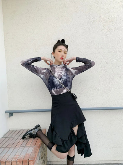 Gothic mesh long sleeve turtleneck top for women with see-through graphic design, stylish and trendy fashion by PressureDen.store