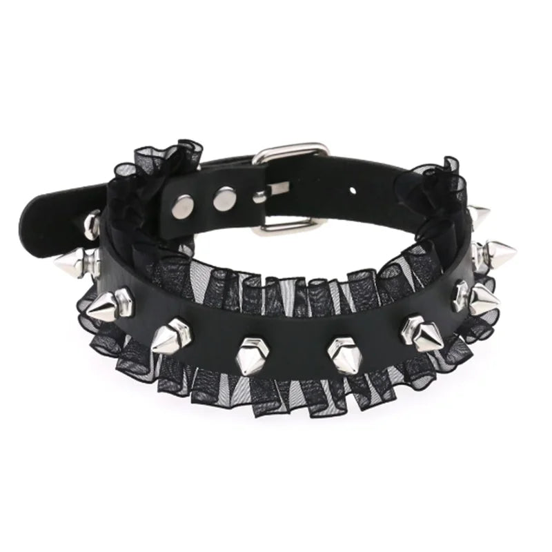 Harajuku chic black PU leather choker with heart rivets, trendy Y2K goth punk necklace for stylish girls.