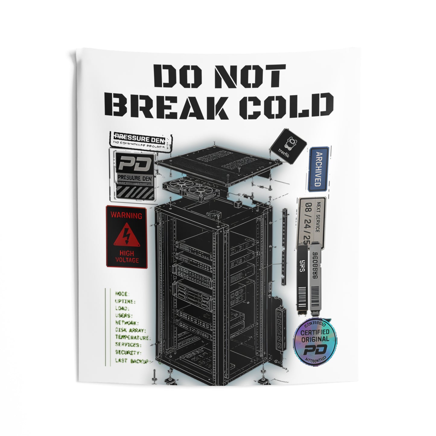Do Not Break Cold Server Rack Wall Tapestry — Tech Blueprint Decor