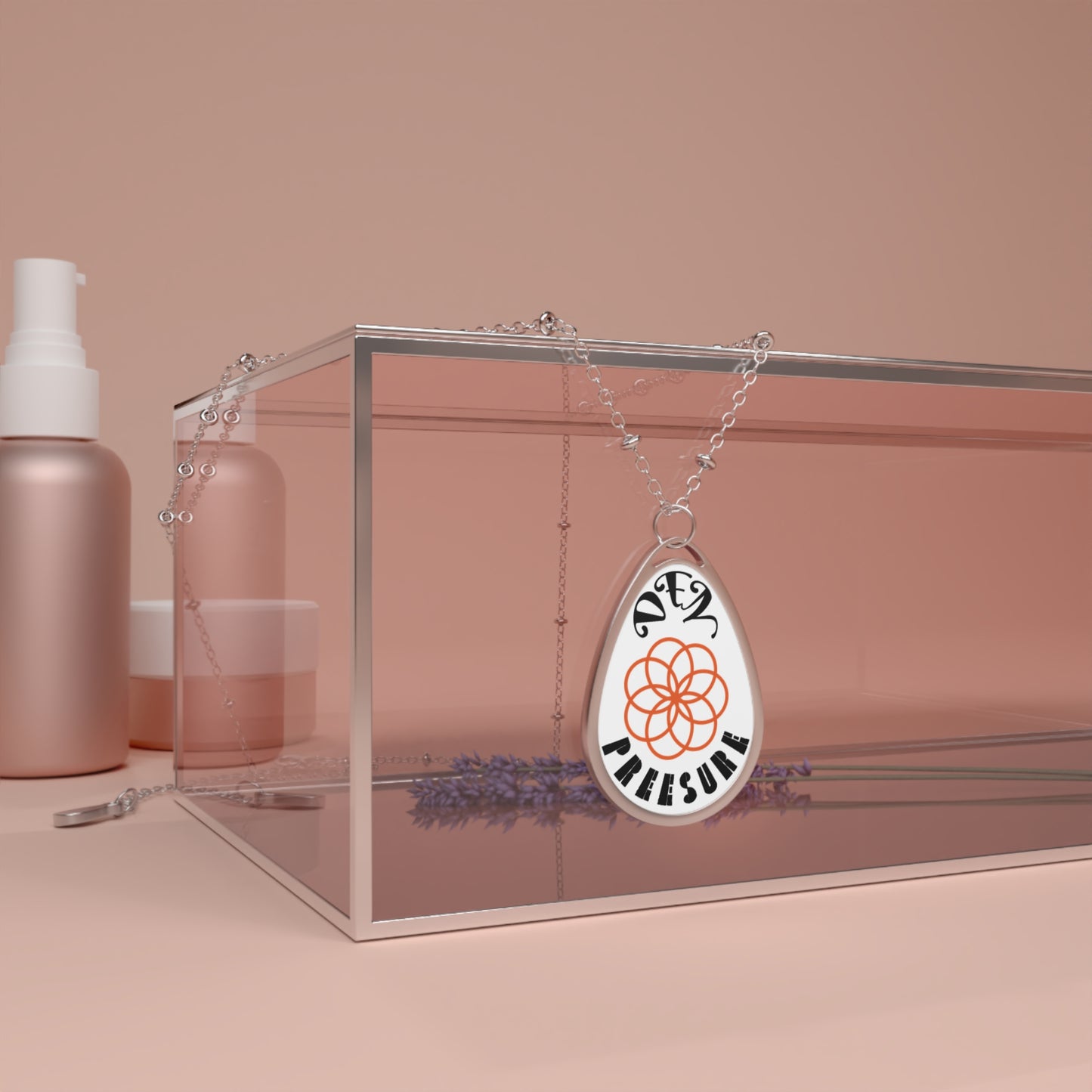 Oval Pendant Necklace — 'PRESSURE DEN' Floral Logo Engraved Teardrop Necklace