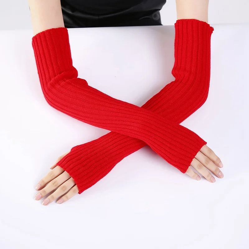 Chic women's fingerless knitted gloves, winter warmer arm sleeves in soft gothic punk style, casual and cozy for winter wear.