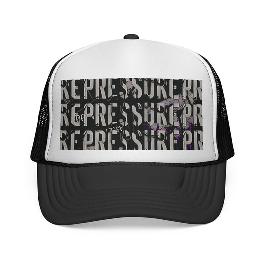 Repressure Retro Trucker Cap — Distressed "REPRESSURE" Graphic Mesh Hat