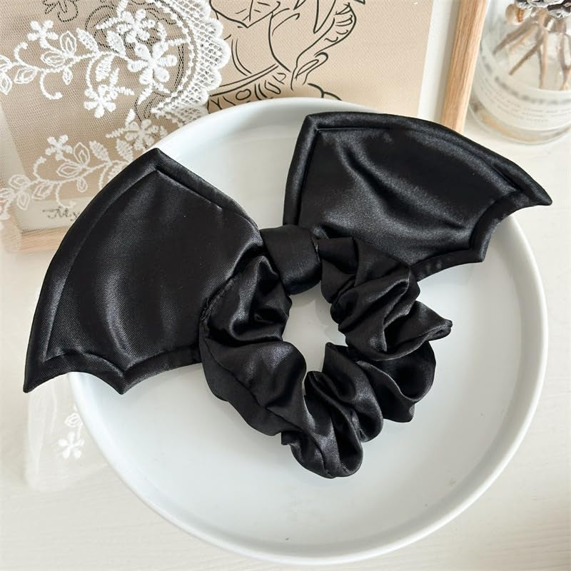 Set of AIUPUOC Gothic Bat Hair Scrunchies featuring black elastic hair ties with bat designs, ideal for Halloween and spooky occasions.