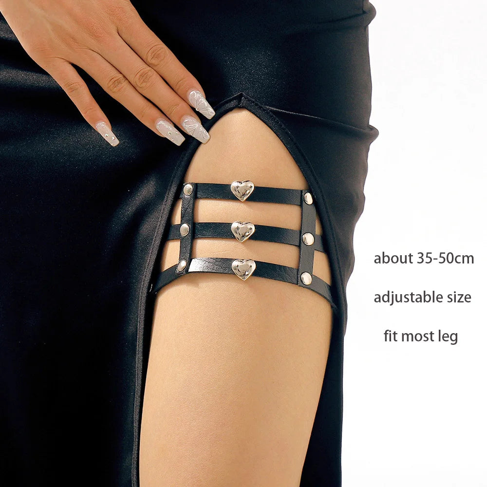Sexy Leather Heart Belt Elastic Leg Thigh Garter Girl Women Harness Goth Accessories Black Gothic Rivet Punk Anklet