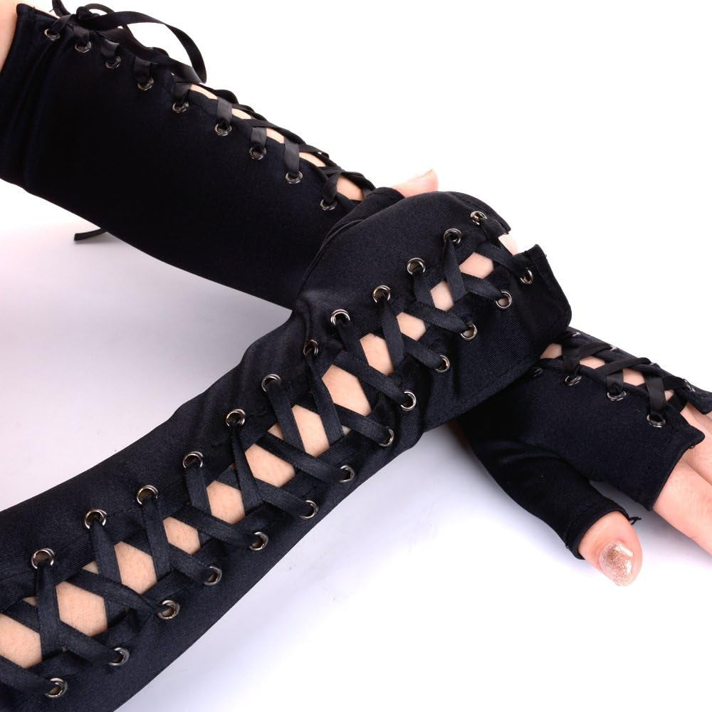 JISEN women's steampunk fingerless lace-up elbow gloves, stylish arm warmers with lace-up design for costume and fashion.