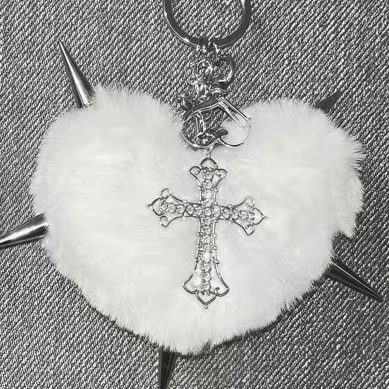 Punk leopard print rivet cross keychain with grunge rock heart design, ideal as goth style bag accessory from PressureDen.store