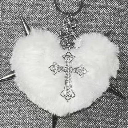 Punk leopard print rivet cross keychain with grunge rock heart design, ideal as goth style bag accessory from PressureDen.store