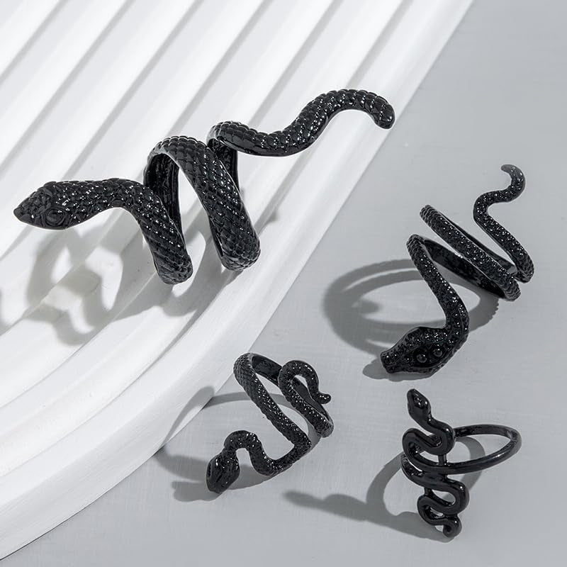 Adjustable black snake rings set by ONBRIG featuring vintage gothic punk style jewelry for women, perfect for Halloween accessories.