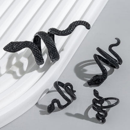 Adjustable black snake rings set by ONBRIG featuring vintage gothic punk style jewelry for women, perfect for Halloween accessories.