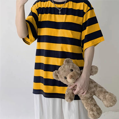 Oversized black T-shirt for women featuring bold harajuku goth punk stripe print, hip hop style, loose fit from PressureDen.store