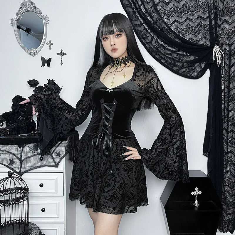 Vintage gothic velvet dress with flare sleeves, grunge punk style, perfect for women’s party or alternative fashion looks.