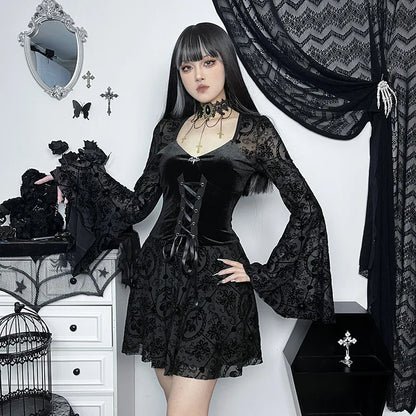 Vintage gothic velvet dress with flare sleeves, grunge punk style, perfect for women’s party or alternative fashion looks.